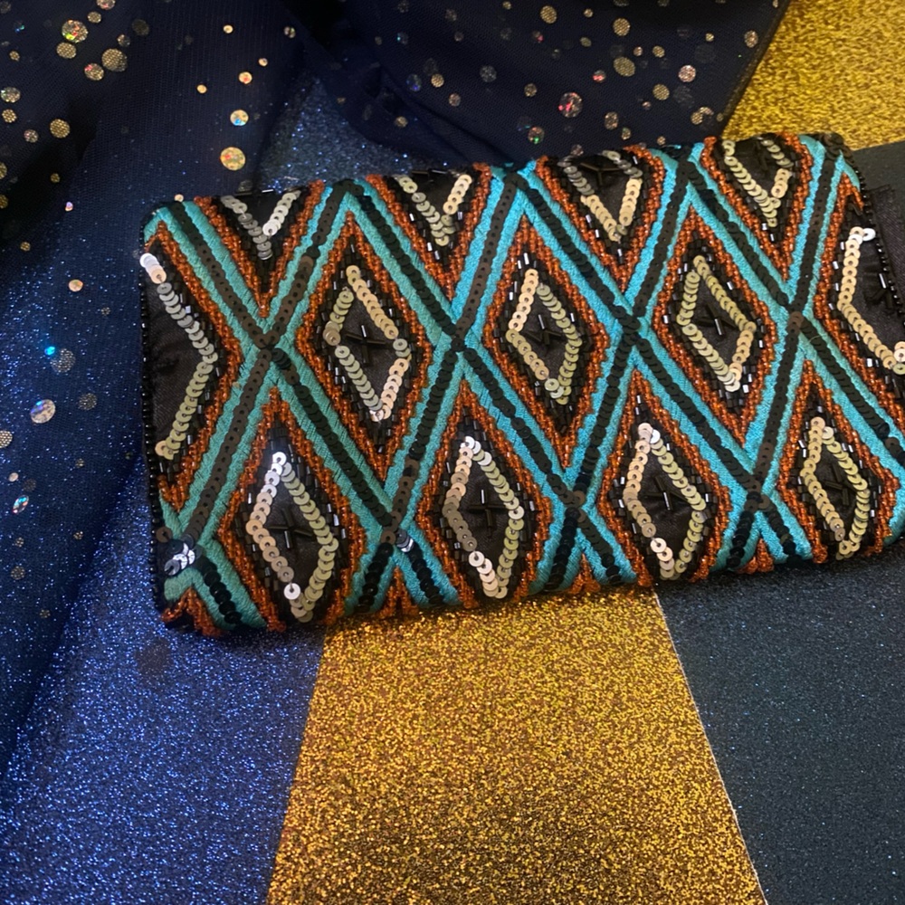 K.C. MALHAN TEAL ORANGE BLACK BEADED PARTY GLAM Clutch LMTD